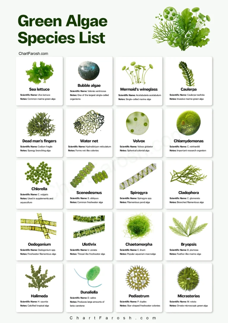Green Algae Species List Chart with Pictures